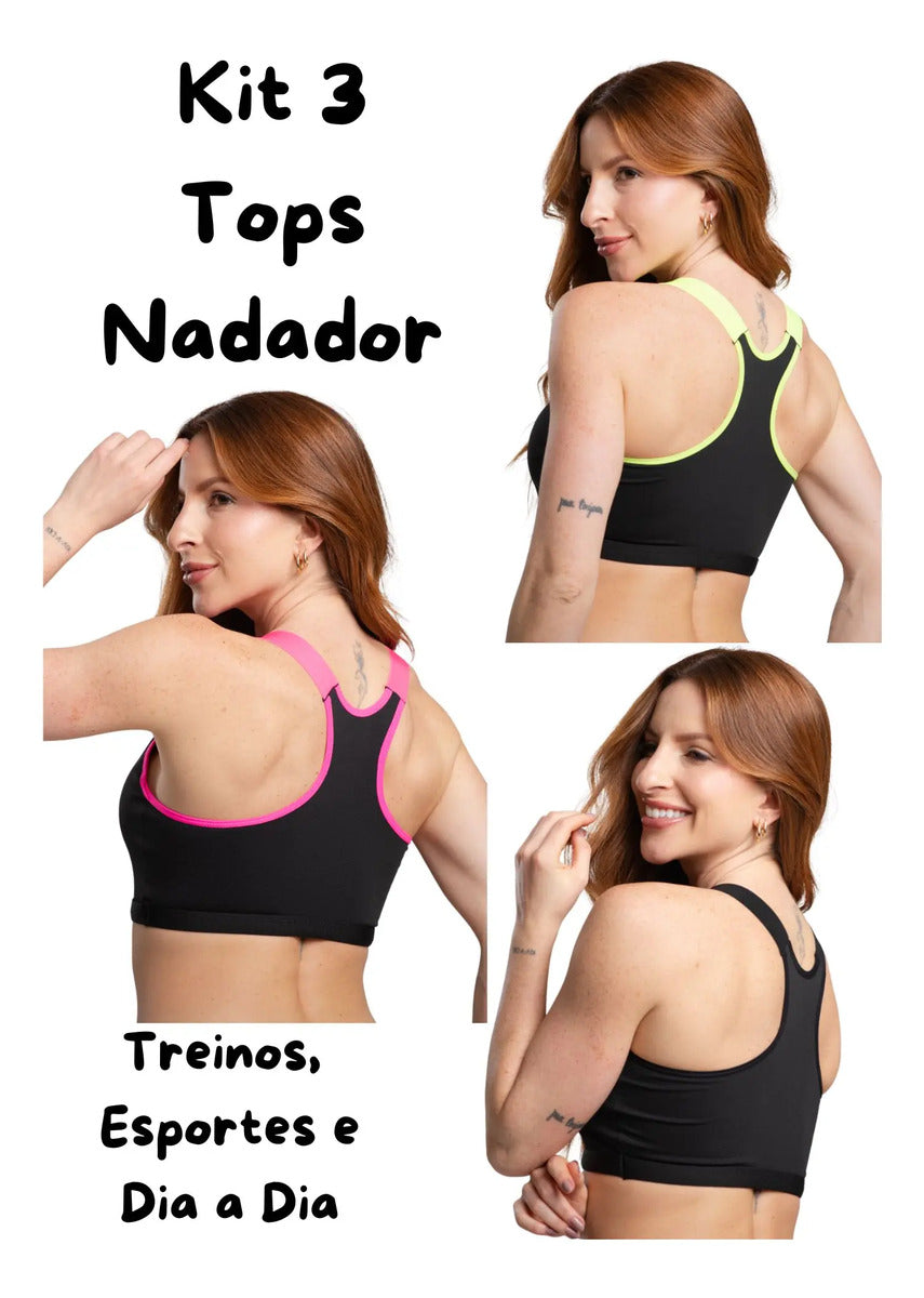 Kit 3 Top Fitness Neon Fashion Academia Nadador Frente Dupla