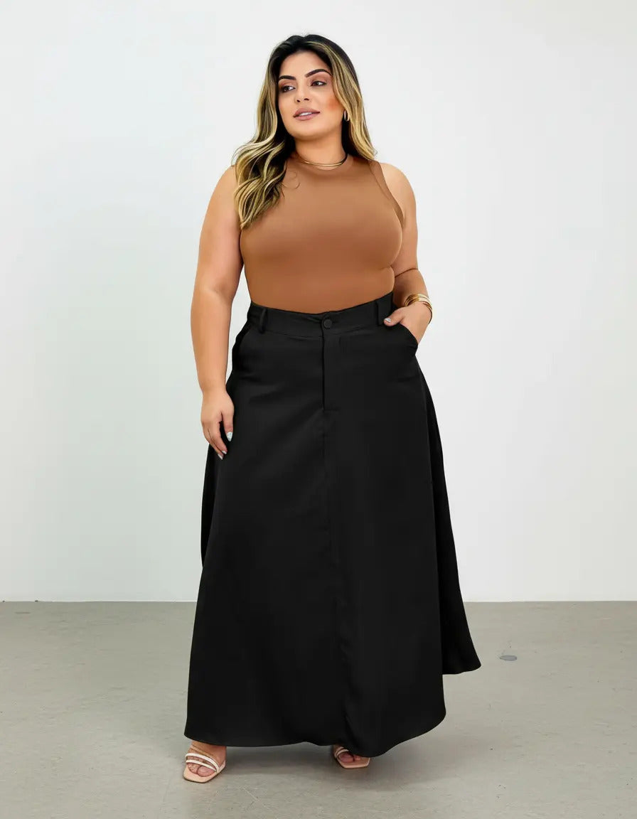 Saia Alfaiataria Plus Size Rodada Evasê Cós Alto Evangélica