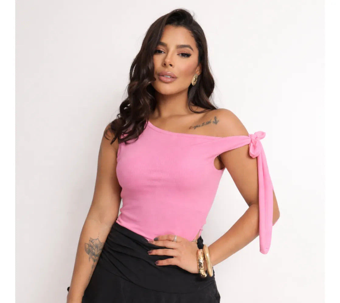 Cropped Feminino Blusa Moderno Manga Laço Amarração