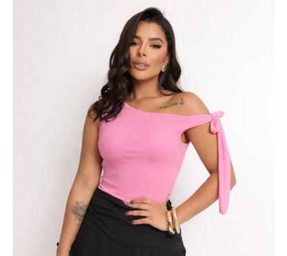 Cropped Feminino Blusa Moderno Manga Laço Amarração