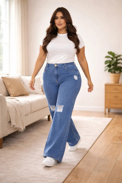 Calça Plus Size Jeans Feminina Wide Leg Levanta Bumbum
