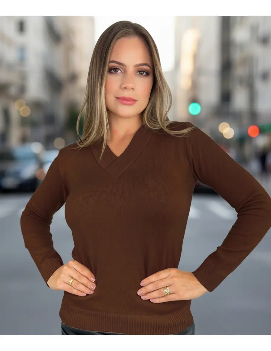 Blusa Trico Basica De Frio Feminina Decote V Manga Longa