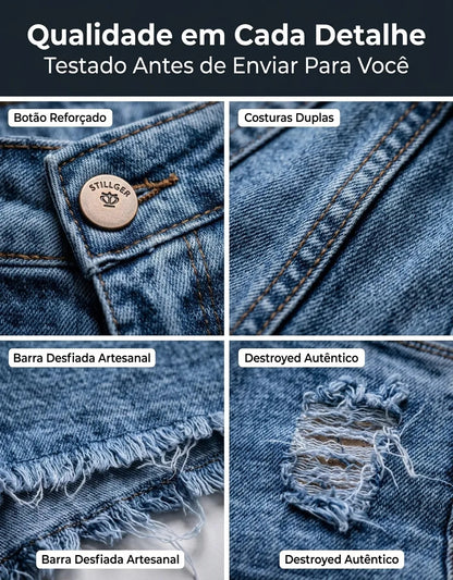 Short Jeans Feminino Cintura Alta Com Lycra Barra Desfiada