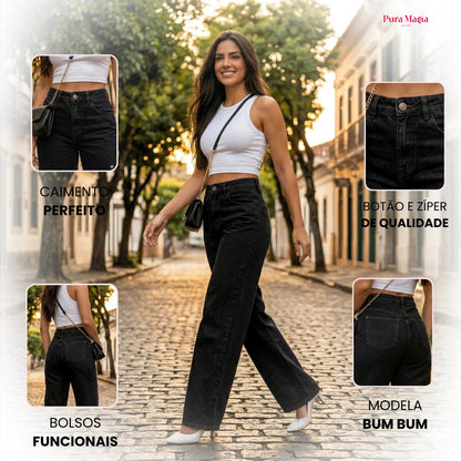 Calça Jeans Wide Leg Feminina Cintura Alta Caimento Perfeito