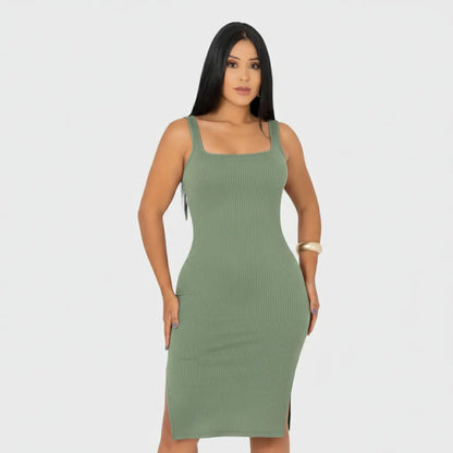 Vestido Midi Canelado Premium Com Alça E Fendas Casual Básico