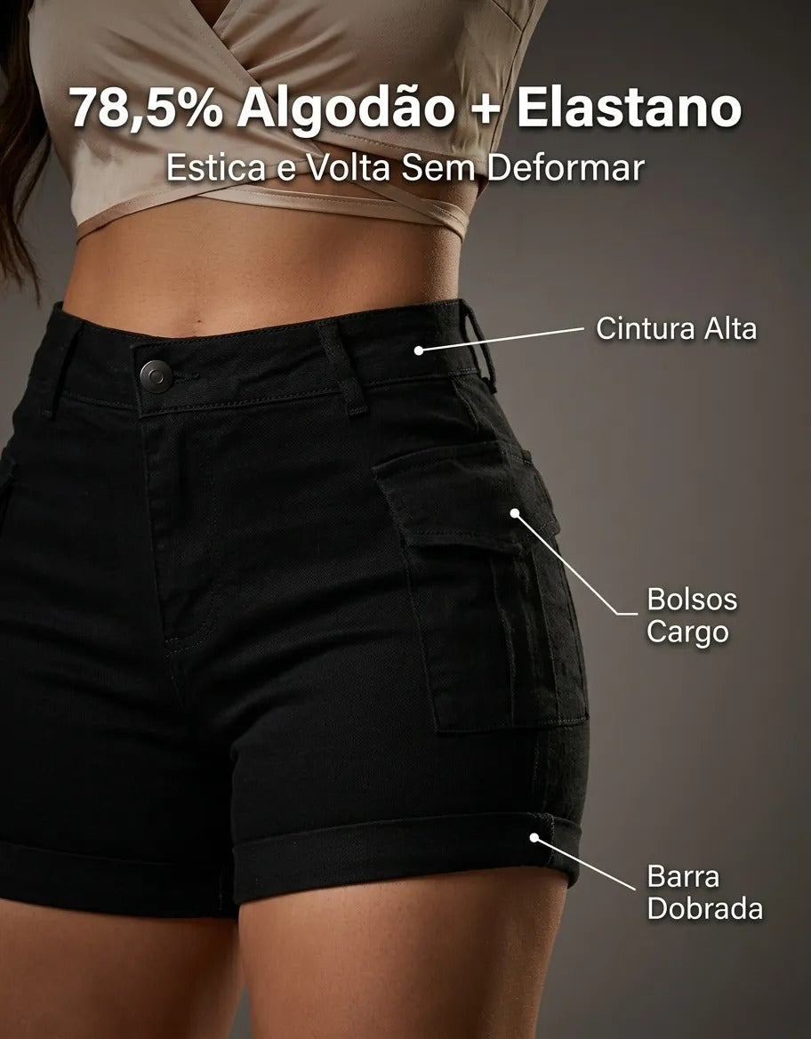 Short Jeans Feminino Shorts Cargo Com Lycra Cintura Alta
