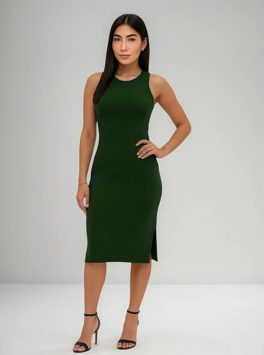 Vestido Canelado Midi Regata Com Fenda Zero Transparência