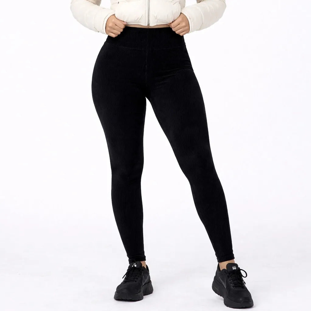 Calça Legging Veludo Cotelê Com Bolso Cós Alto Inverno