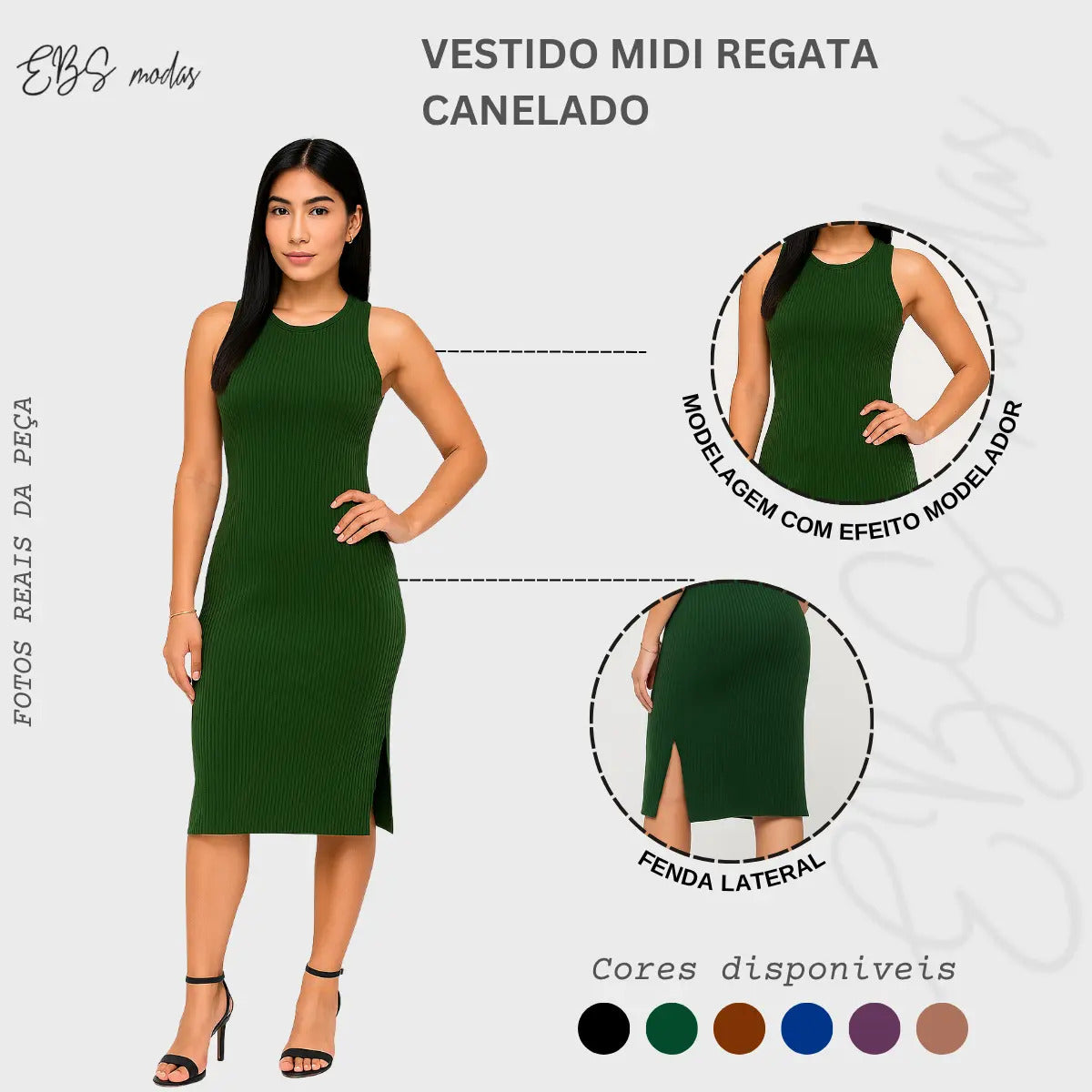 Vestido Canelado Midi Regata Com Fenda Zero Transparência