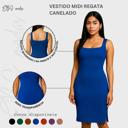 Vestido Midi Canelado Premium Com Alça E Fendas Casual Básico