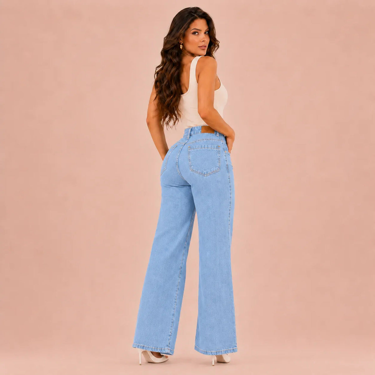 Calça Jeans Pantalona Wide Leg Feminina Cintura Alta Larga