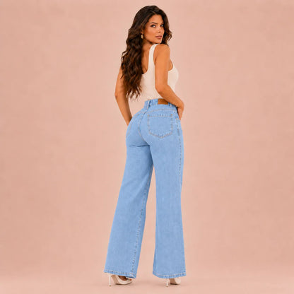 Calça Jeans Pantalona Wide Leg Feminina Cintura Alta Larga