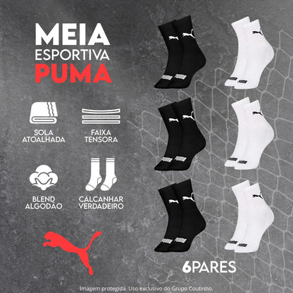6 Pares Meias Puma Cano Médio Alto Atoalhada Academia Sport