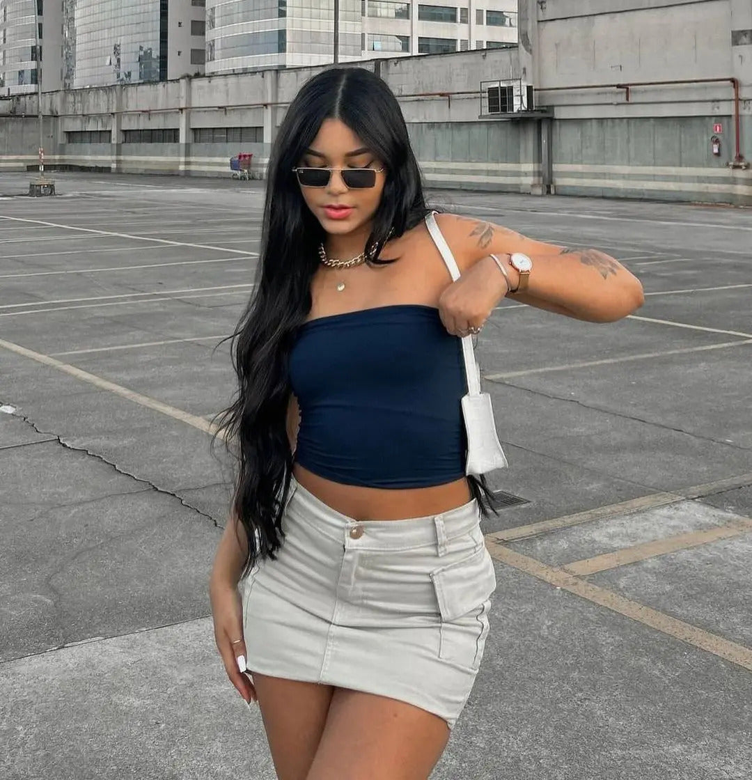 Cropped Tubo Top Tubinho Suplex Duplo Azul Royal Marrom