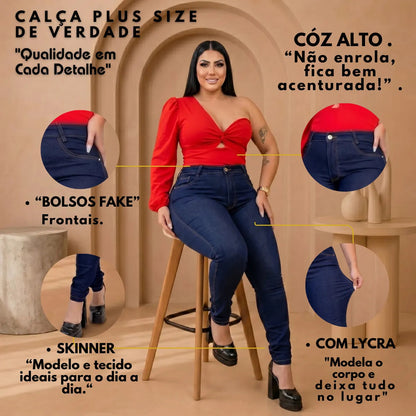 Calça Jeans Plus Size Cintura Alta Elastano Lycra Modeladora