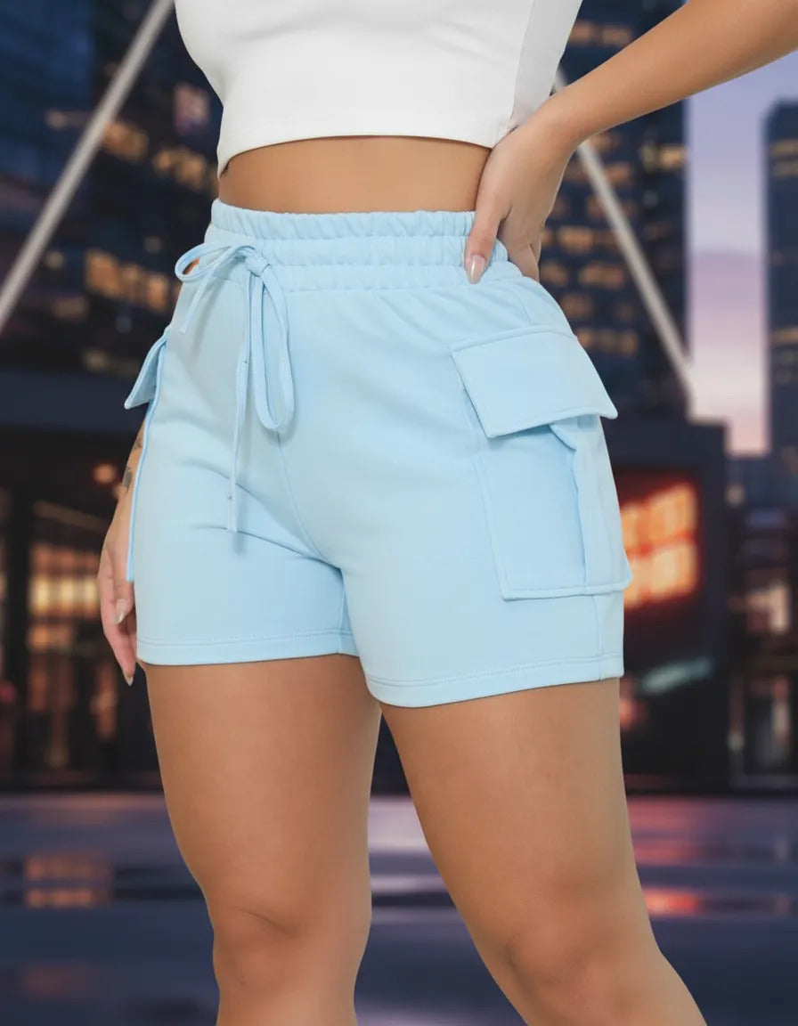 Shorts Cargo Moletom Feminino Com Bolso Lateral Moletinho