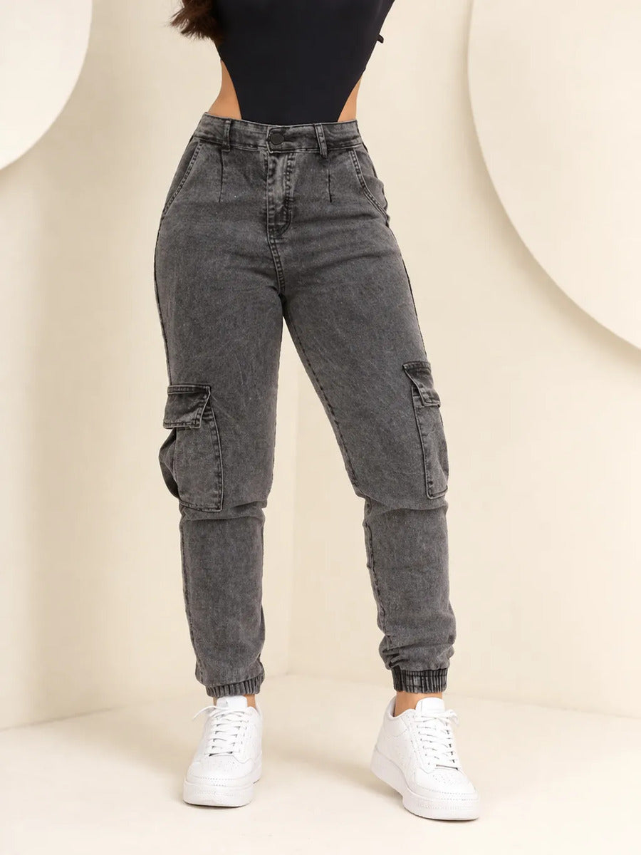 Calça Cargo Jogger Jeans Feminina Cintura Alta Com Lycra