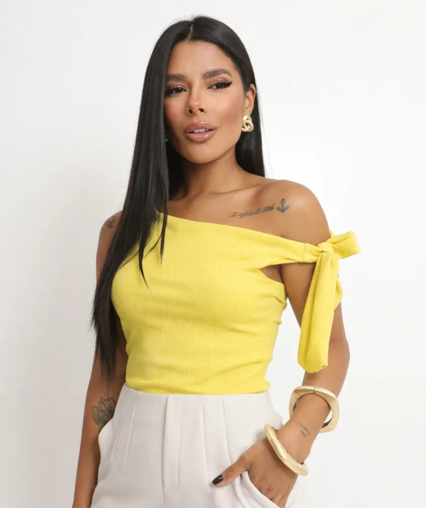 Cropped Feminino Blusa Moderno Manga Laço Amarração