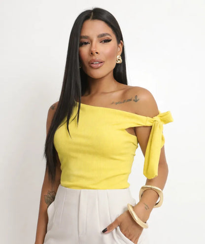 Cropped Feminino Blusa Moderno Manga Laço Amarração