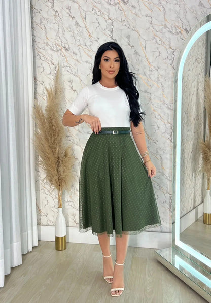 Saia Moda Evangélica Godê De Tule Mídi Com Cinto Moda Cristã