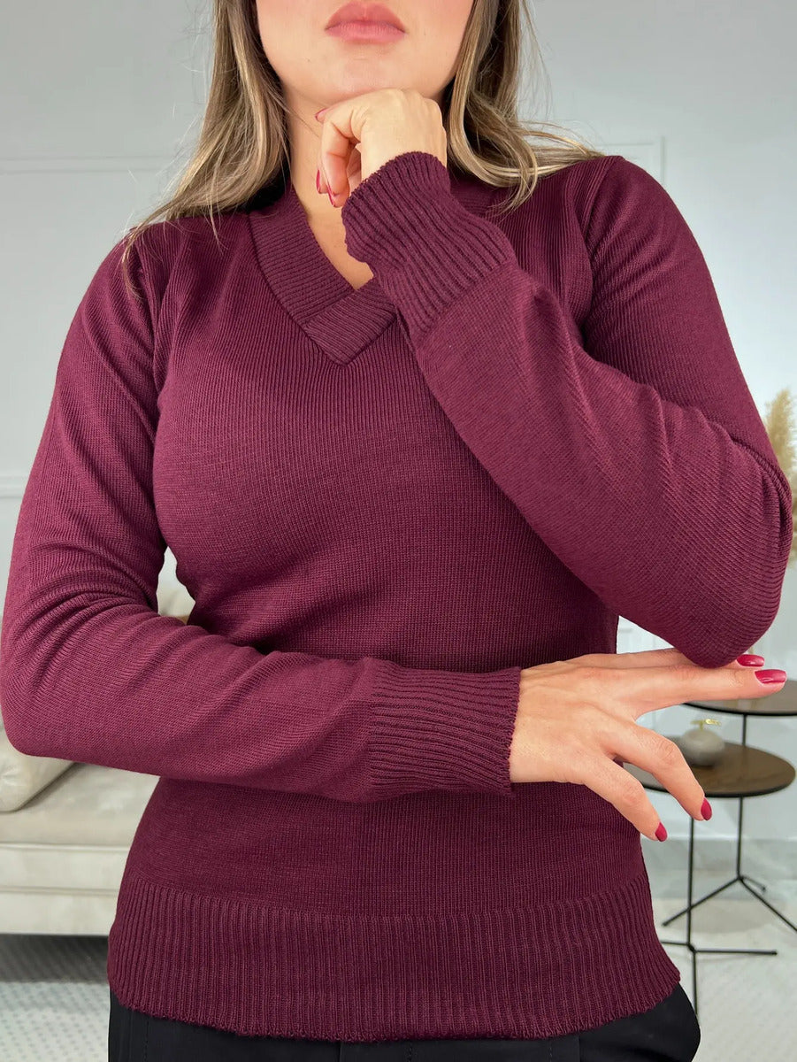 Blusa Trico Basica De Frio Feminina Decote V Manga Longa