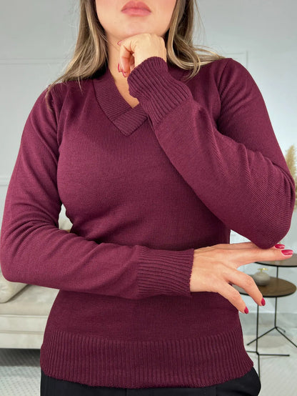 Blusa Trico Basica De Frio Feminina Decote V Manga Longa