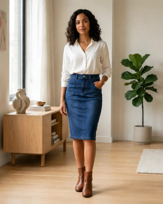 Saia Jeans Midi Lápis Belo Fio Cintura Alta Lycra Elegante