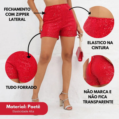 Short Bermuda Feminino Cintura Alta Paetê Balada Moda Brilho