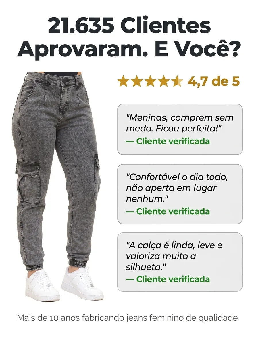 Calça Cargo Jogger Jeans Feminina Cintura Alta Com Lycra