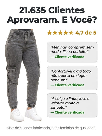 Calça Cargo Jogger Jeans Feminina Cintura Alta Com Lycra