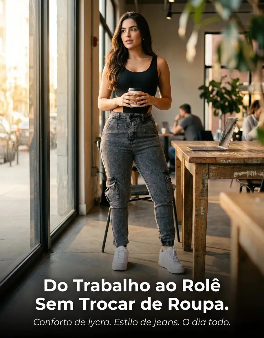 Calça Cargo Jogger Jeans Feminina Cintura Alta Com Lycra