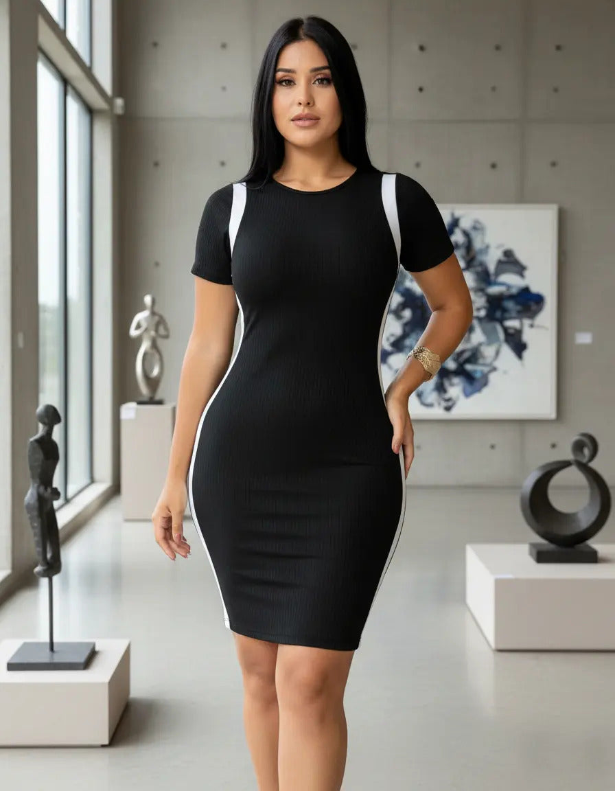 Vestido Canelado Curto Com Manga Casual Básico Modelador