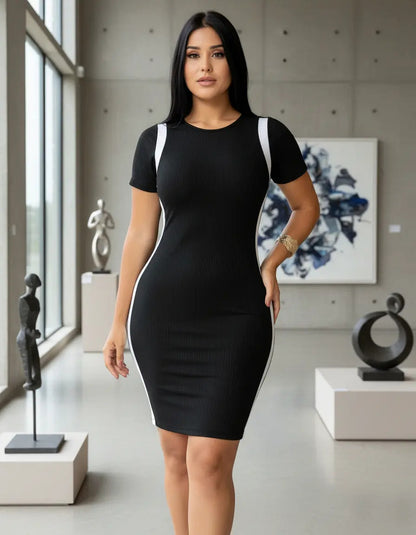 Vestido Canelado Curto Com Manga Casual Básico Modelador