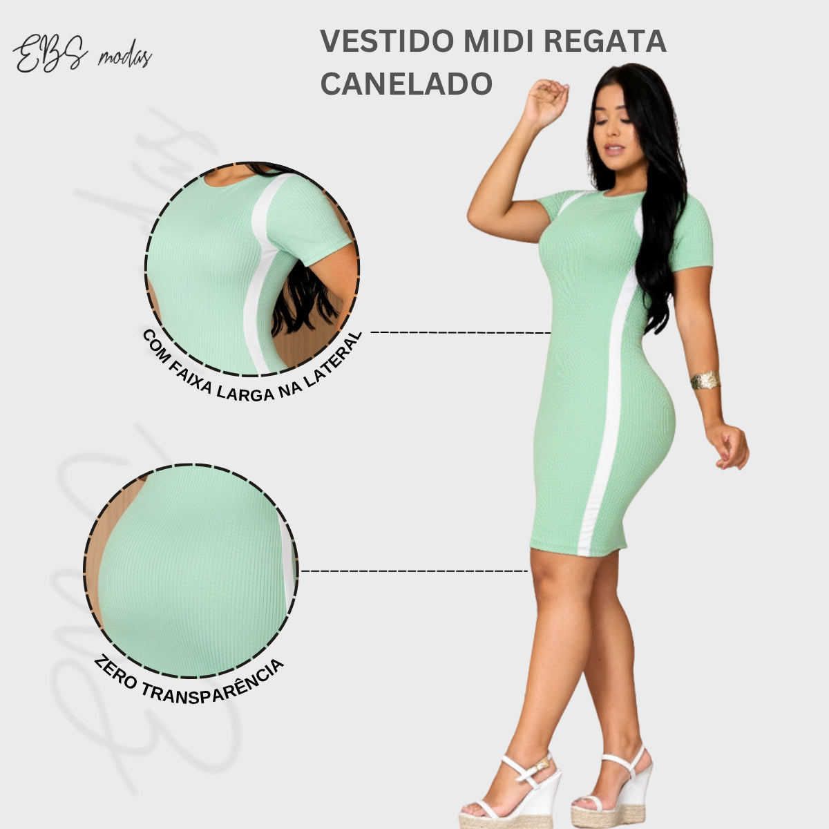 Vestido Canelado Curto Com Manga Casual Básico Modelador