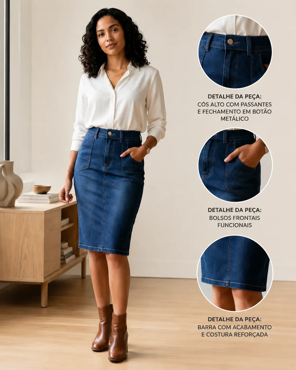 Saia Jeans Midi Lápis Belo Fio Cintura Alta Lycra Elegante
