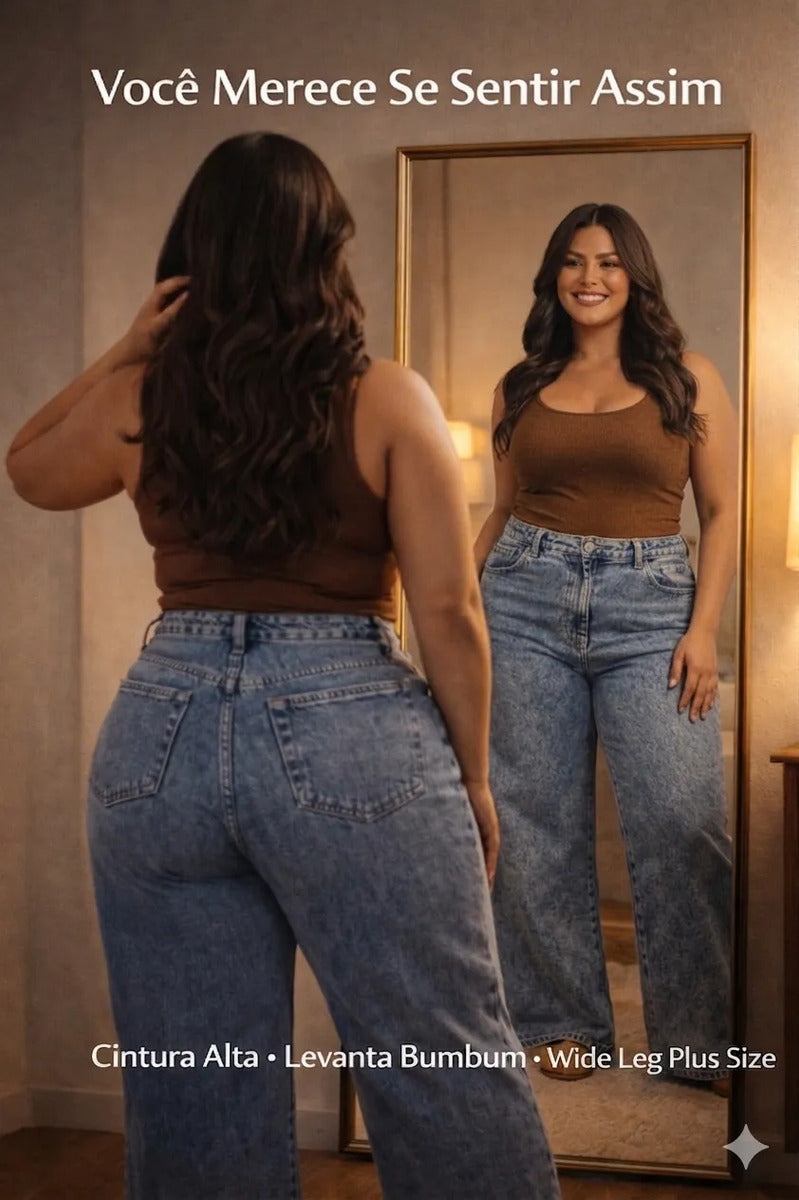 Calça Plus Size Jeans Feminina Wide Leg Levanta Bumbum