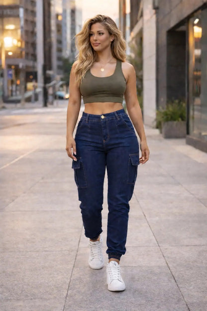 Calça Cargo Jogger Jeans Feminina Cintura Alta Com Lycra