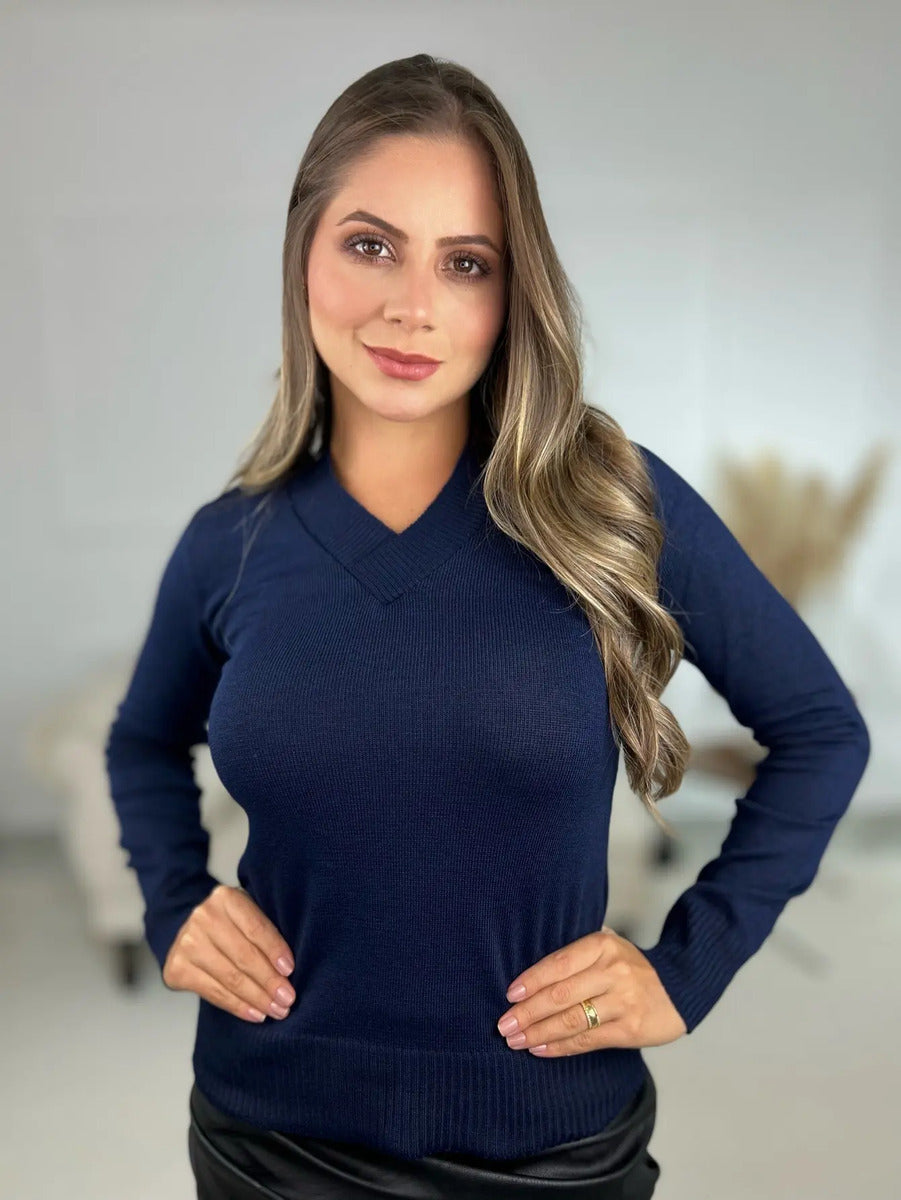 Blusa Trico Basica De Frio Feminina Decote V Manga Longa