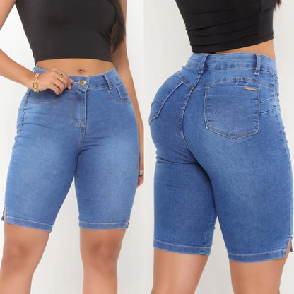Bermuda Ciclista Jeans Feminina Com Lycra Cós Alto