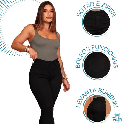 Calça Preta Jeans Feminina Com Elastano Cintura Alta Skinny