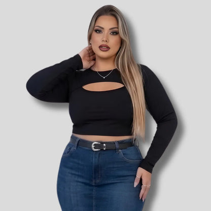 Cropped Feminino Plus Size Manga Longa Com Decote