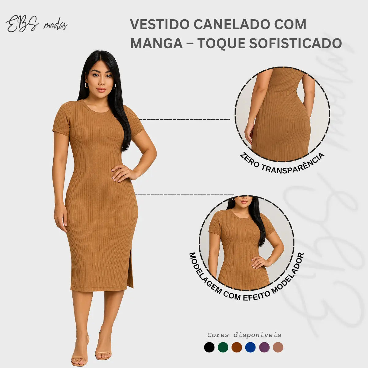 Vestido Canelado Midi Com Manga e Fenda Lateral Casual Básico