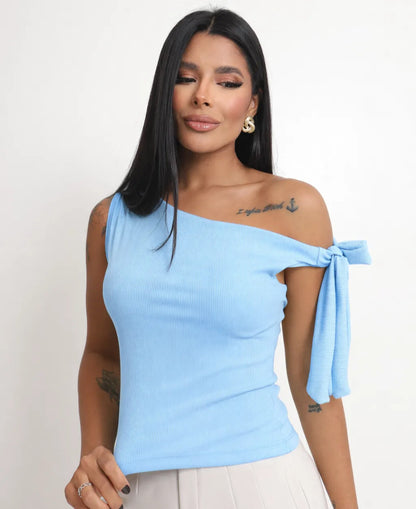 Cropped Feminino Blusa Moderno Manga Laço Amarração