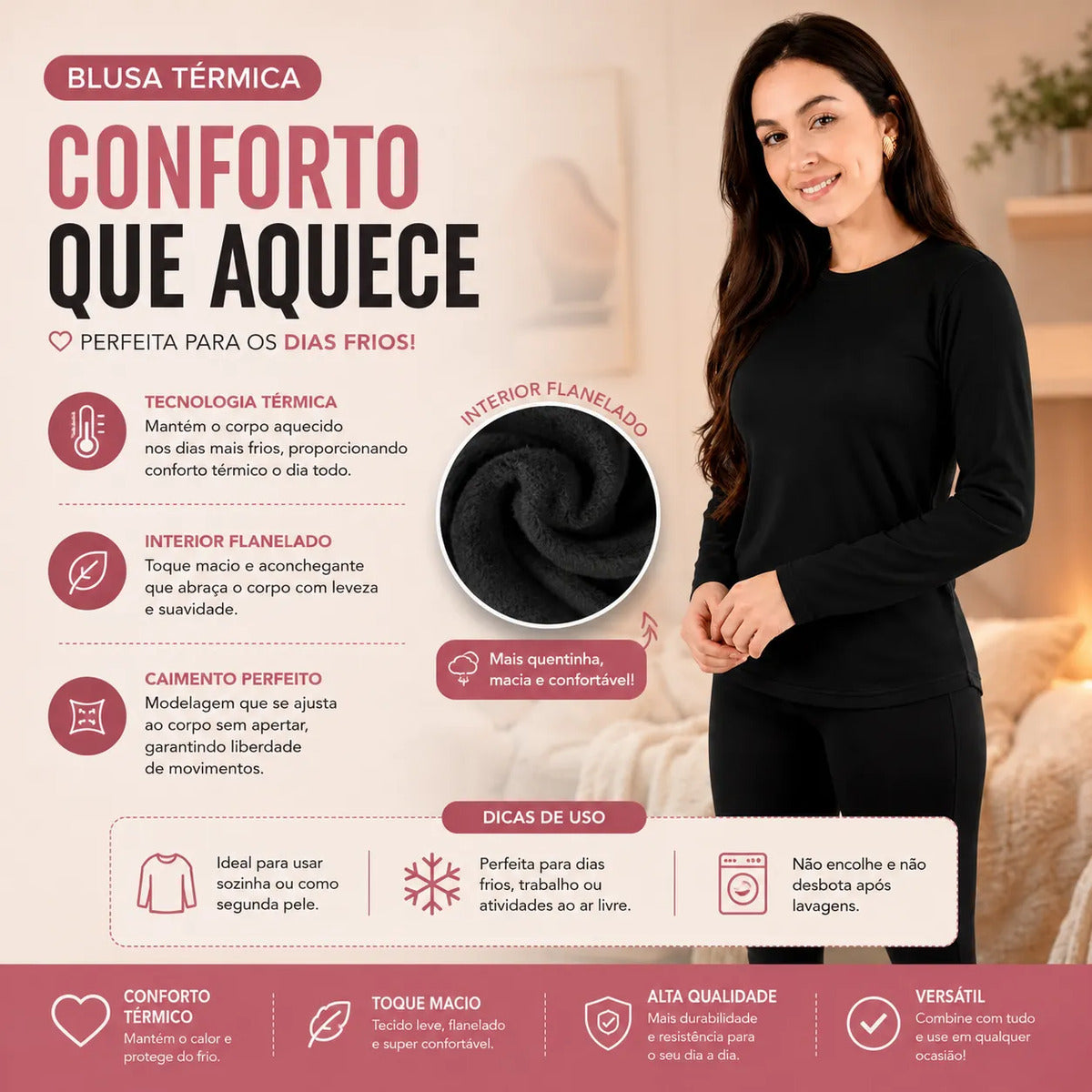 Blusa Térmica Feminina Flanelada Peluciada Frio Inverno