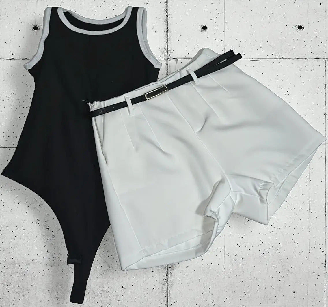 Kit Short Alfaiataria Body Canelado Feminino Liso