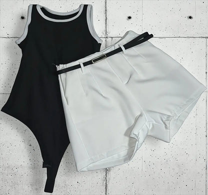 Kit Short Alfaiataria Body Canelado Feminino Liso