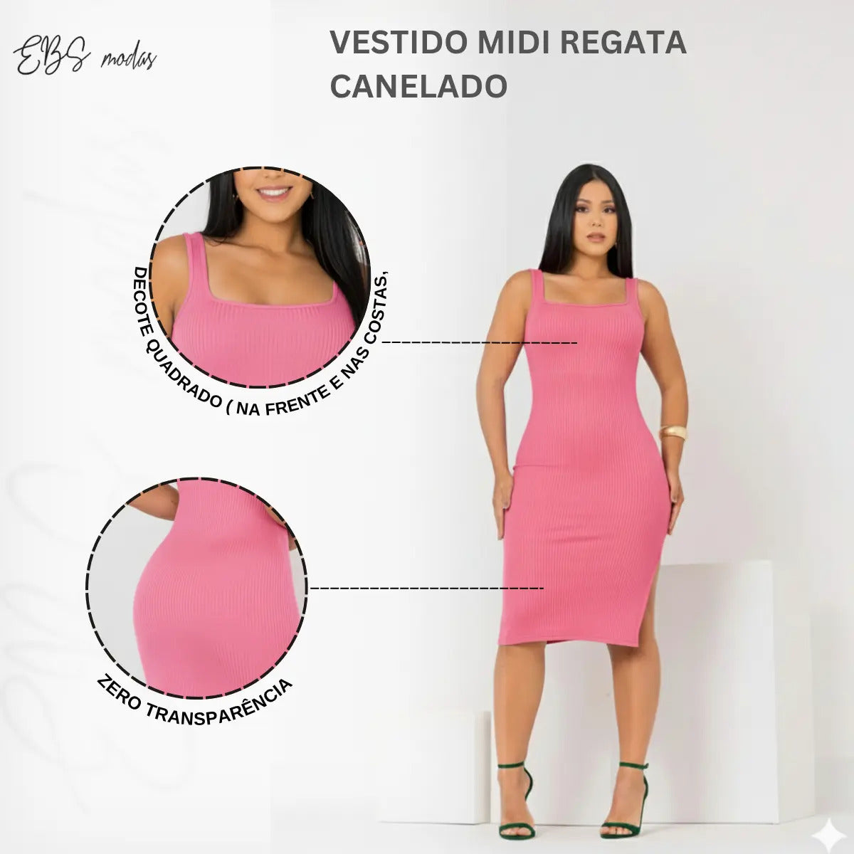 Vestido Midi Canelado Premium Com Alça E Fendas Casual Básico