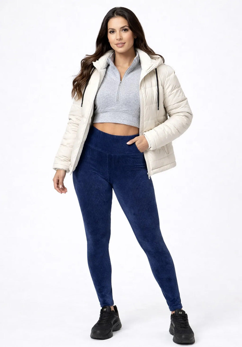 Calça Legging Veludo Cotelê Com Bolso Cós Alto Inverno