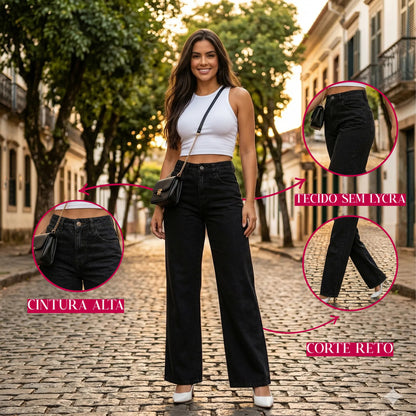 Calça Jeans Wide Leg Feminina Cintura Alta Caimento Perfeito