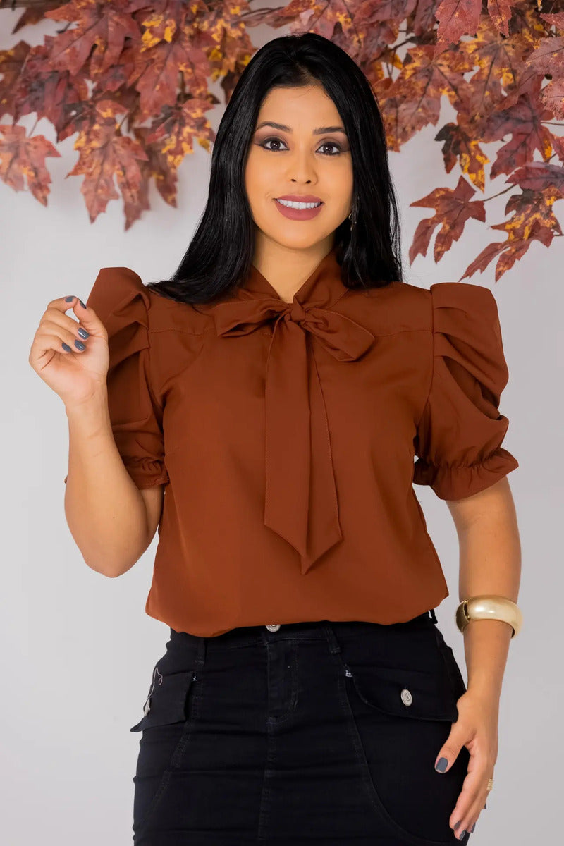 Blusa Emily Gola Laço Manga Curta Bufante